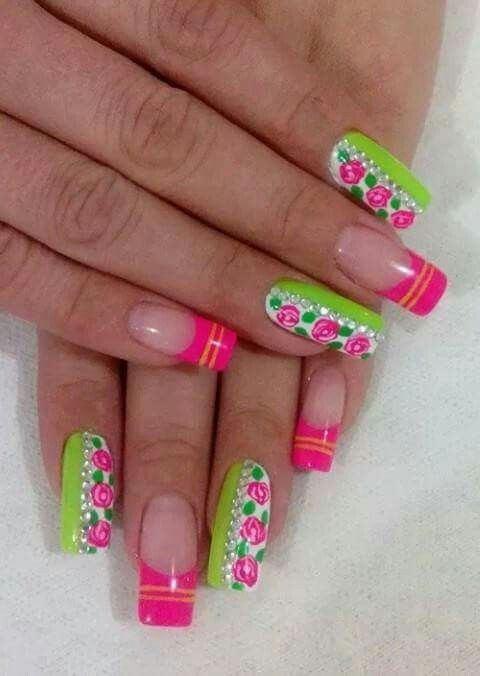 diseno-de-unas-con-color-verde-y-rosa-7