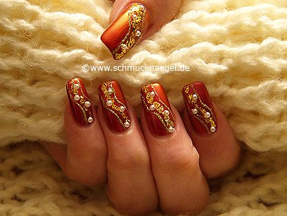 Diseños De De Uñas Color Naranja Con Piedras Y Perlas